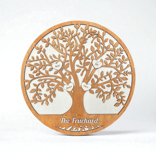 Arbre de vie personnalisé en bois avec prénoms et nom de famille, idée cadeau déco unique. | Gepersonaliseerde levensboom in hout met voornamen en familienaam, uniek decoratiecadeau.