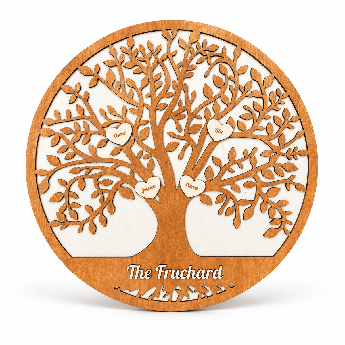 Arbre de vie personnalisé en bois avec prénoms et nom de famille, idée cadeau déco unique. | Gepersonaliseerde levensboom in hout met voornamen en familienaam, uniek decoratiecadeau.