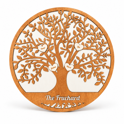Arbre de vie personnalisé en bois avec prénoms et nom de famille, idée cadeau déco unique. | Gepersonaliseerde levensboom in hout met voornamen en familienaam, uniek decoratiecadeau.