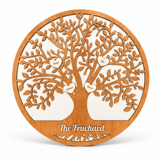 Arbre de vie personnalisé en bois avec prénoms et nom de famille, idée cadeau déco unique. | Gepersonaliseerde levensboom in hout met voornamen en familienaam, uniek decoratiecadeau.