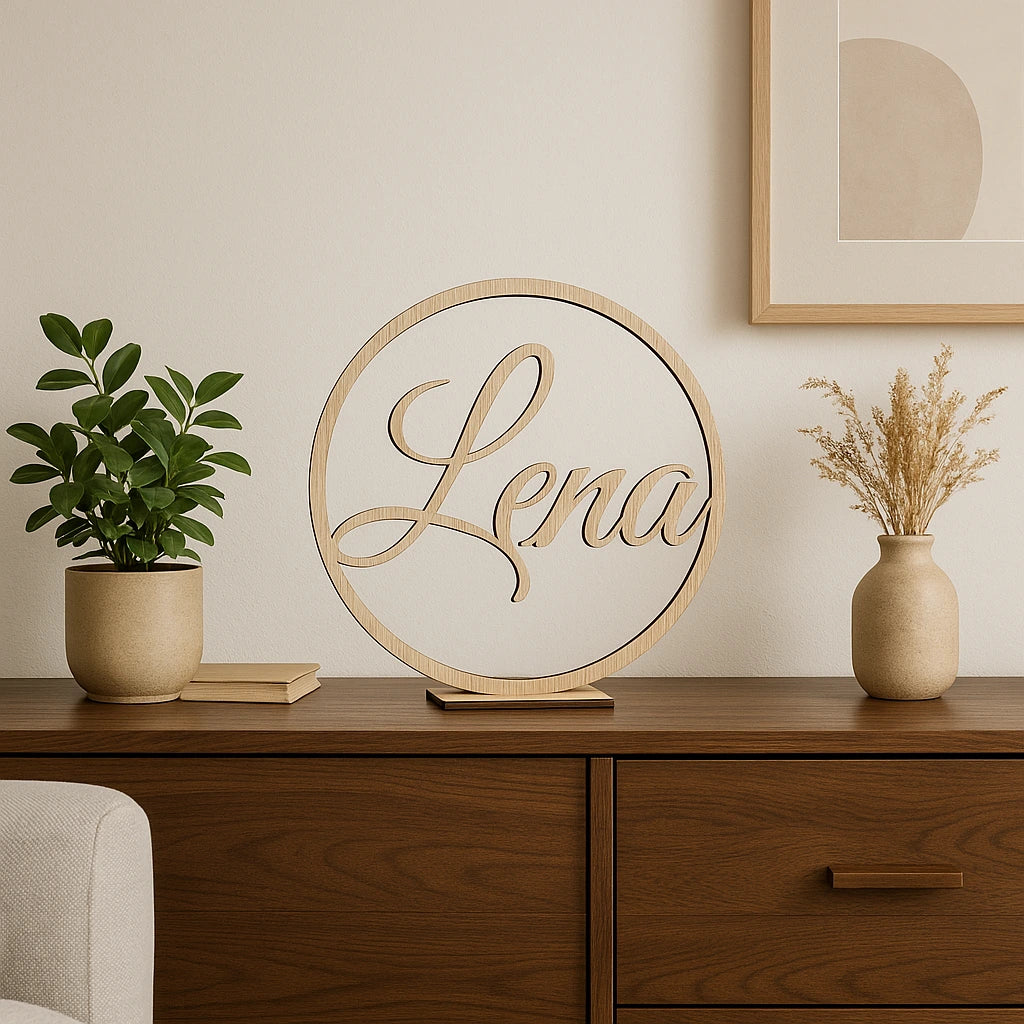 Couronne décorative en bois avec le prénom "Lena", posée sur un meuble en bois, entourée de plantes et de vases – idée de décoration personnalisée pour mariage, baptême ou anniversaire.