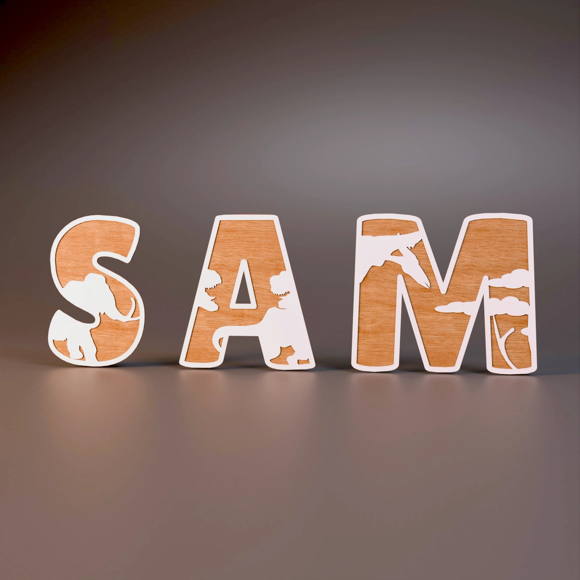 Lettre en bois prénom, thème dinosaure, cadeau naissance, déco chambre enfant.
Houten letter met naam, dino thema, kraamcadeau, babykamer decoratie.