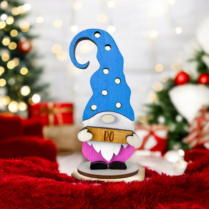 Lutin de Noël en bois avec un bonnet bleu à pois, personnalisé - Houten Kerstelf met een blauwe muts met stippen, gepersonaliseerd