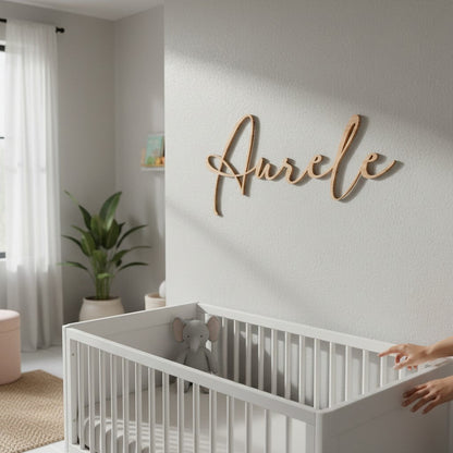 Prénom mural personnalisé en bois pour chambre bébé ou enfant, décoration douce et unique. | Gepersonaliseerde houten voornaam voor baby- of kinderkamer, zachte en unieke decoratie.