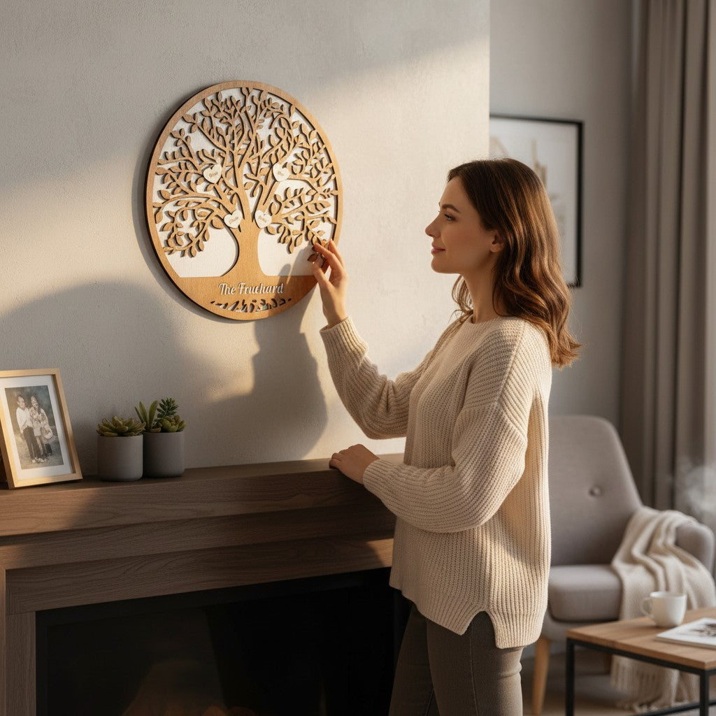 Atelier du Petit Renard personalized wooden family tree with engraved names on hearts and family name at the base.