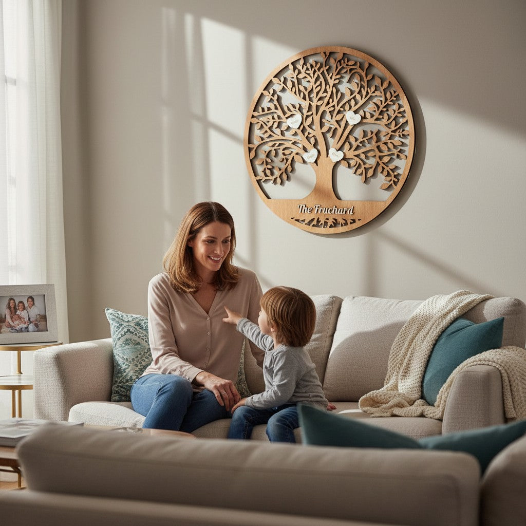 Atelier du Petit Renard personalized wooden family tree with engraved names on hearts and family name at the base.