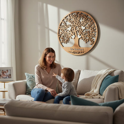 Atelier du Petit Renard personalized wooden family tree with engraved names on hearts and family name at the base.
