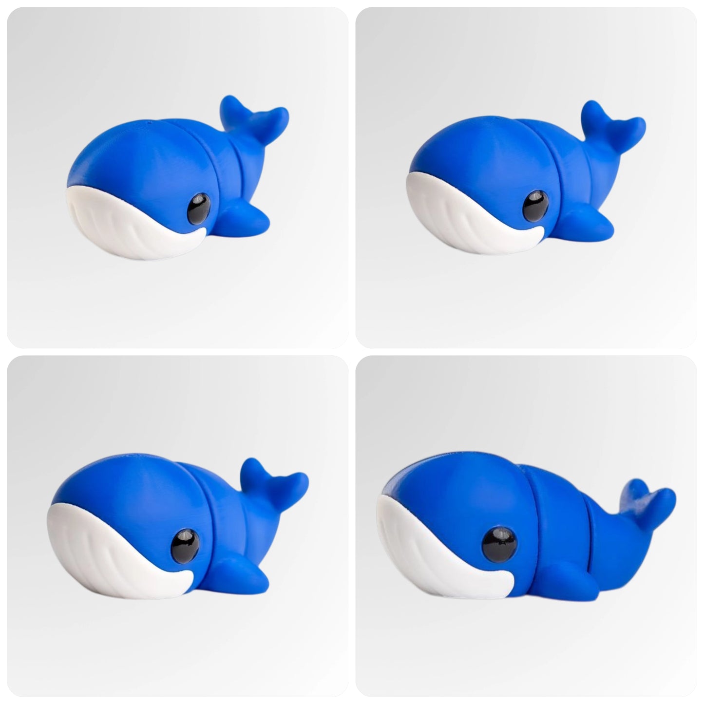 Montage de quatre vues d'une baleine bleue articulée imprimée en 3D – jouet fidget original pour enfants et adultes. / Collage van vier beelden van een blauwe gearticuleerde 3D-geprinte walvis – originele fidget-speelgoed voor kinderen en volwassenen.