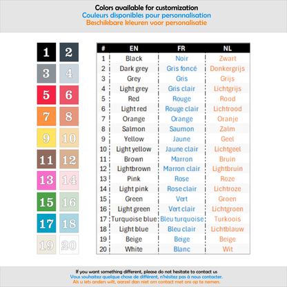 nuancier de 20 couleurs disponibles pour personnaliser les lettres en bois, avec équivalents en anglais, français et néerlandais | kleurenkaart met 20 beschikbare opties om houten letters te personaliseren, met namen in het Engels, Frans en Nederlands