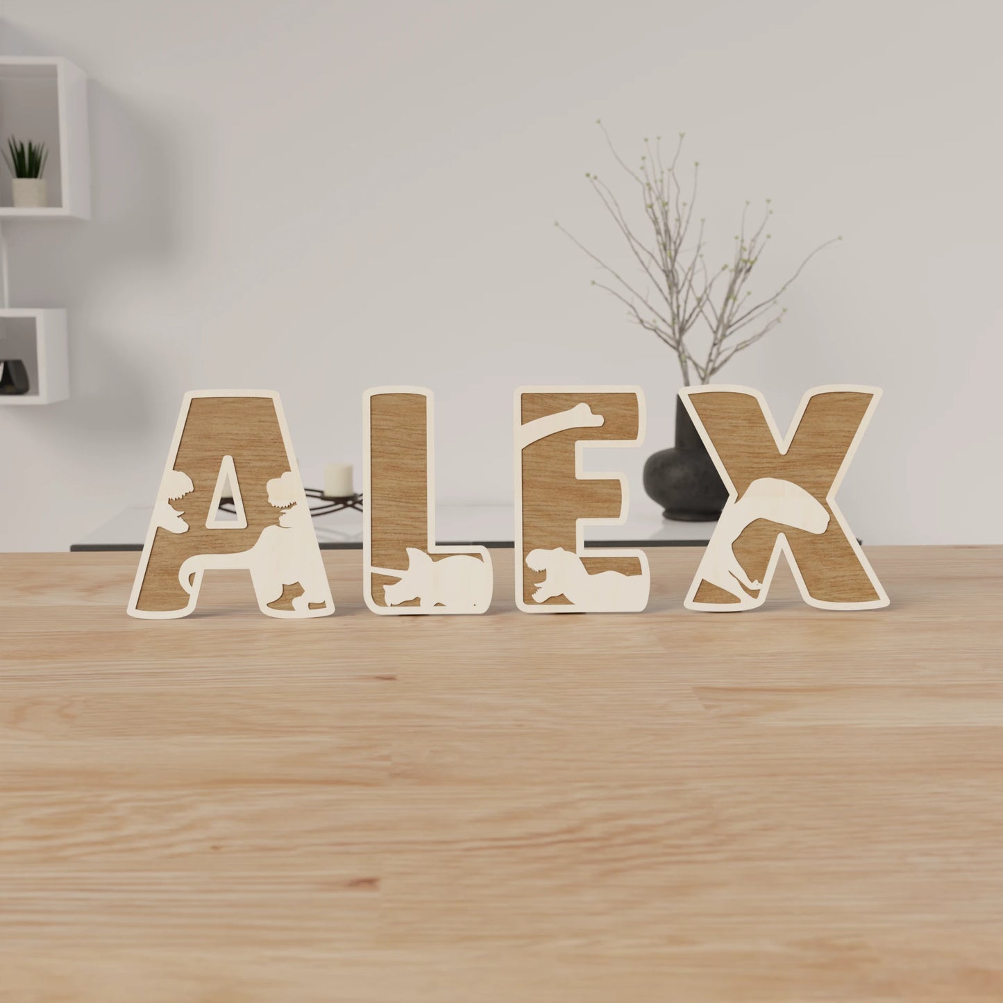 Prénom Alex en bois naturel – lettres personnalisées avec dinosaures – décoration murale chambre d’enfant artisanale – houten naam Alex natuurlijk hout – dinosaurus thema decoratie kinderkamer – gepersonaliseerde houten letters
