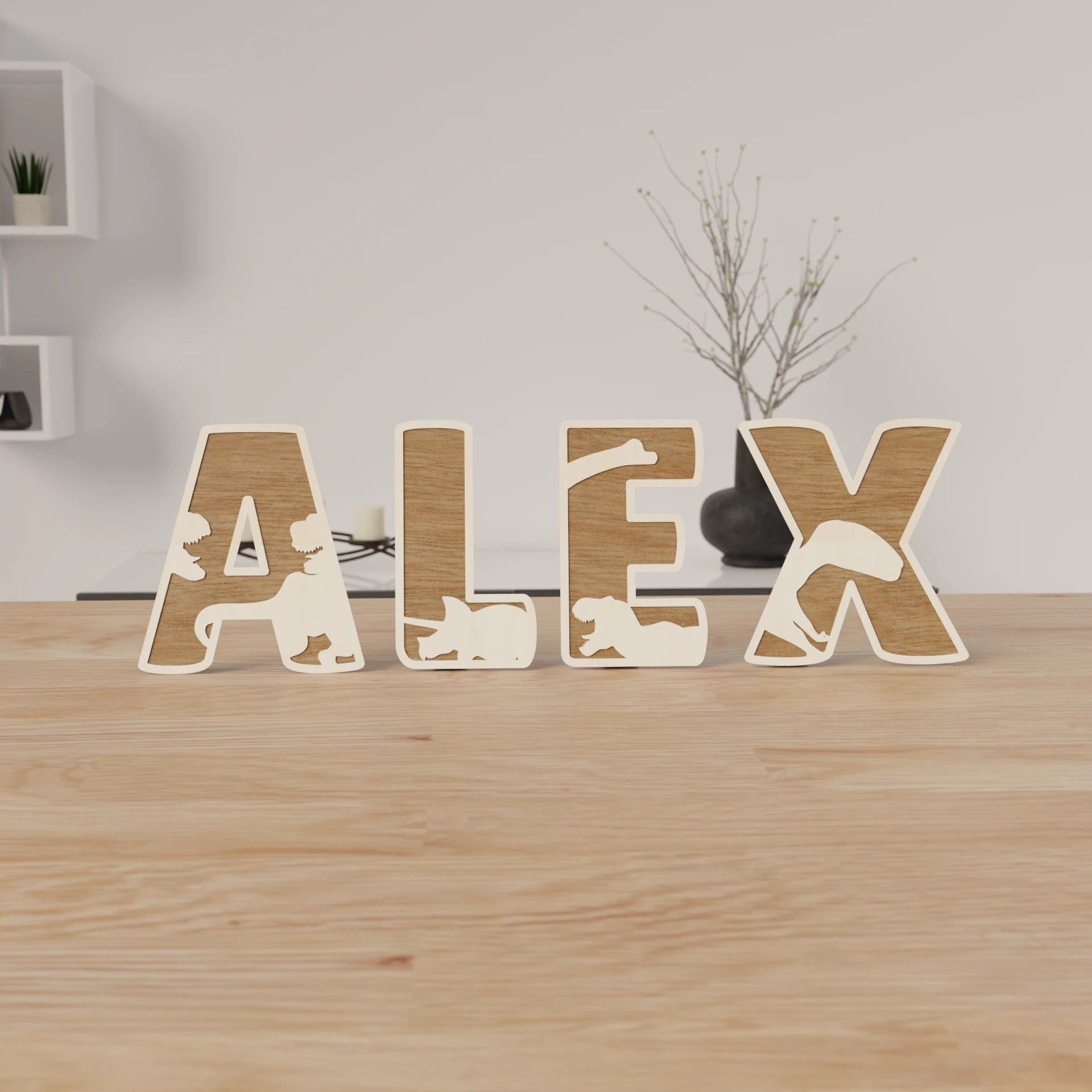 Prénom Alex en bois naturel – lettres personnalisées avec dinosaures – décoration murale chambre d’enfant artisanale – houten naam Alex natuurlijk hout – dinosaurus thema decoratie kinderkamer – gepersonaliseerde houten letters
