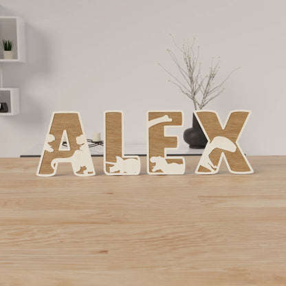 Prénom Alex en bois naturel – lettres personnalisées avec dinosaures – décoration murale chambre d’enfant artisanale – houten naam Alex natuurlijk hout – dinosaurus thema decoratie kinderkamer – gepersonaliseerde houten letters