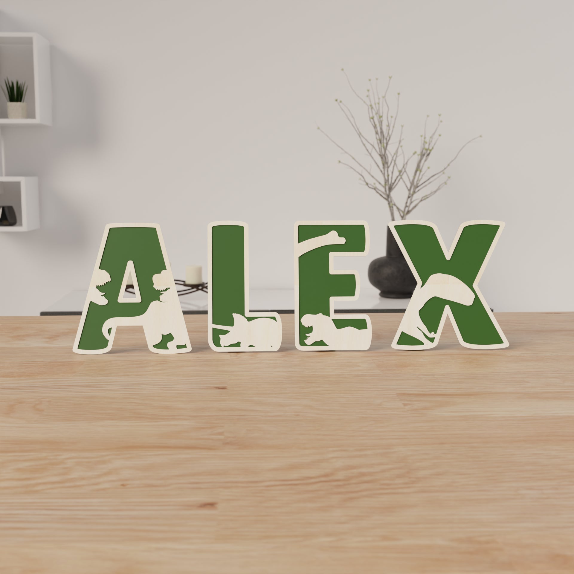 Prénom en bois personnalisé Alex – décoration chambre d’enfant thème dinosaure – lettres découpées au laser – gepersonaliseerde houten naam Alex – kinderkamer decoratie dinosaurus thema – houten letters met laser uitgesneden dinosaurus figuren