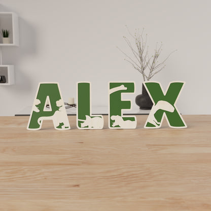 Prénom en bois personnalisé Alex – décoration chambre d’enfant thème dinosaure – lettres découpées au laser – gepersonaliseerde houten naam Alex – kinderkamer decoratie dinosaurus thema – houten letters met laser uitgesneden dinosaurus figuren
