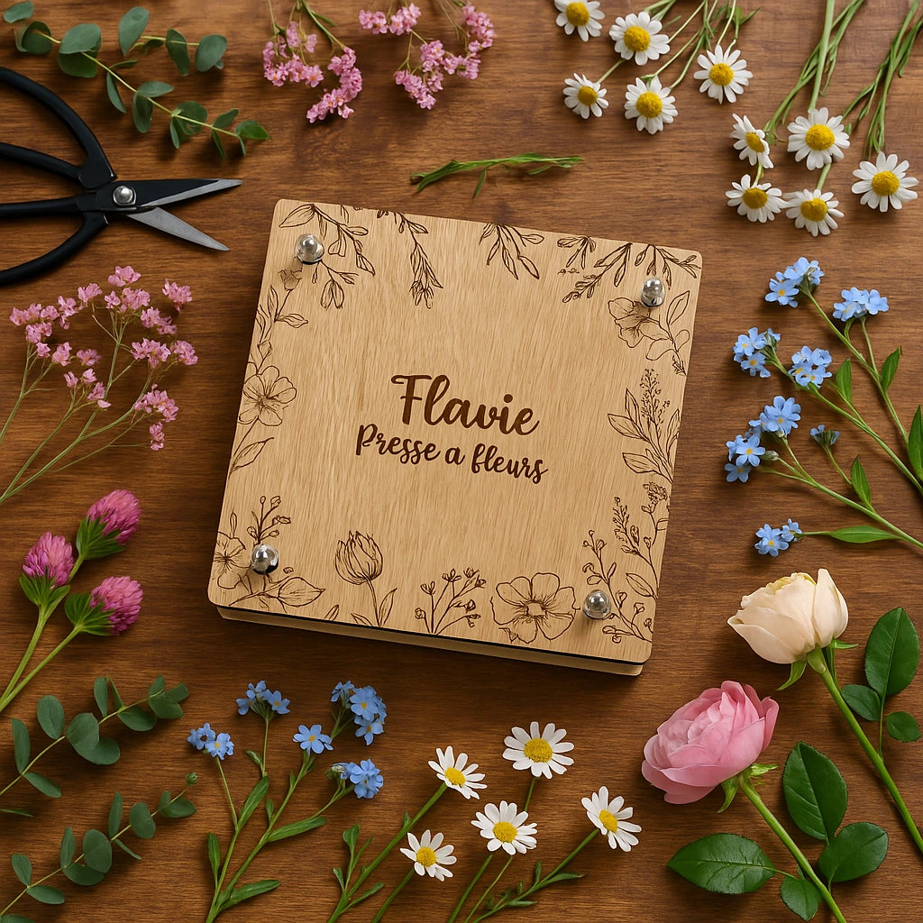 Presse à fleurs en bois gravée avec le prénom "Flavie", entourée de fleurs fraîches et de ciseaux sur une table en bois – idéale pour la création d'herbiers, l’artisanat floral et la décoration naturelle.
